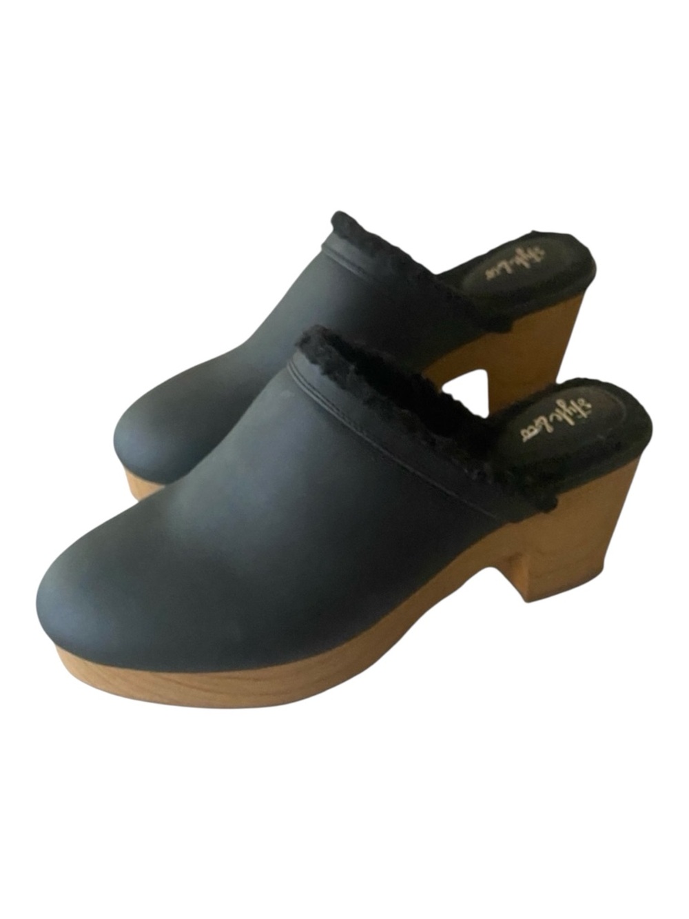 Black Leather Heeled Clog Mule Shearling Lining Size 10 Dark Academia Goth